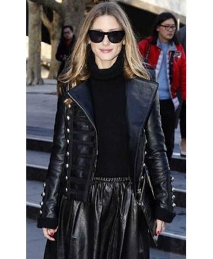 Olivia Palermo black leather jacket