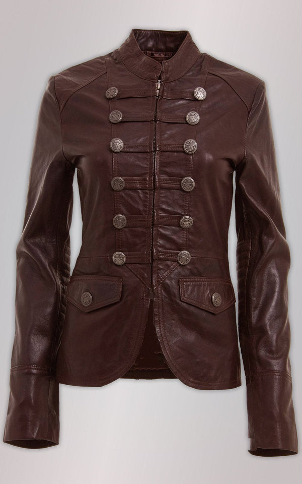 BROWN MILITARY STYLE LEATHER BLAZER JACKET For Women
