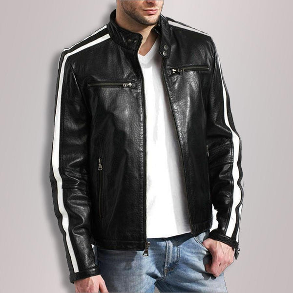 Men's Black Leather White Stripe Moto Racer 