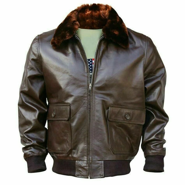 WWII Navy G1 Flight Bomber Genuine Leather jacket With Warm Quilted Lining - Bomber Jacket Faux Fur Collar