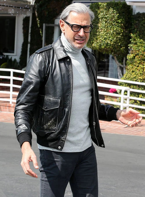 Stylish leather jacket worn by Jeff Goldblum in American style