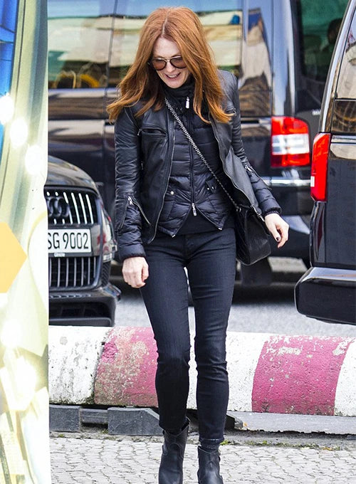 Julianne Moore's timeless style showcased in a classic leather jacket in USA market