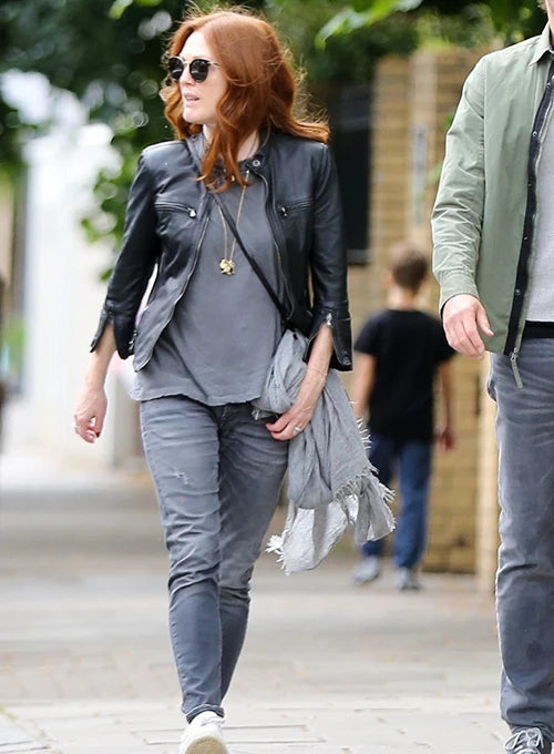 Julianne Moore's chic outfit featuring a tailored leather jacket and statement earrings in United state market
