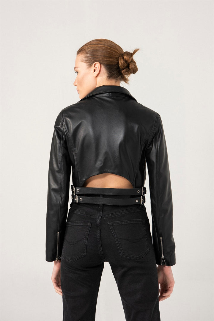 Customize black leather jacket for women