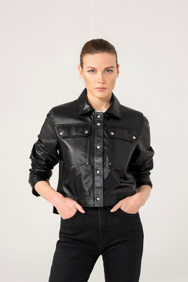 Women Black Denim Leather Jacket
