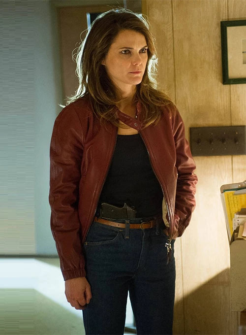 Keri Russell wearing a black leather jacket on The Americans