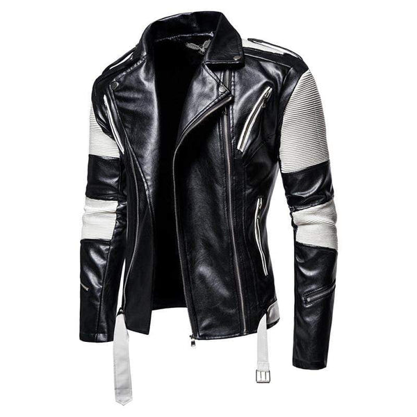 Genuine Leather Black and White Color Race Biker Lapel Jacket