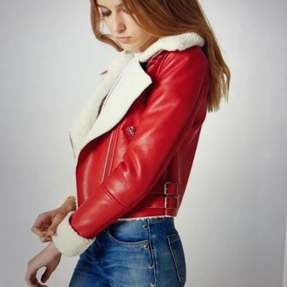 Red color leather jacket for women