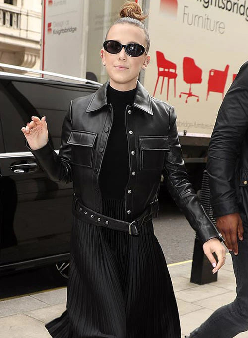 Stylish leather jacket worn by Millie Bobby Brown in US style