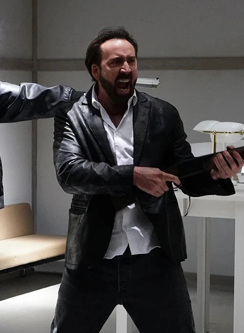 Black leather blazer worn by Nicolas Cage in Prisoners of the Ghostland in American style