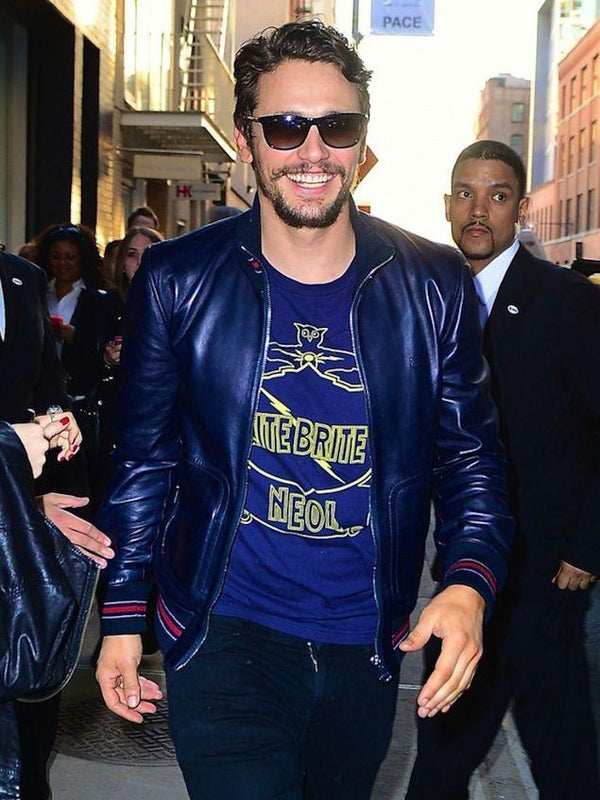 James Franco blue stylish leather jacket front view in USA