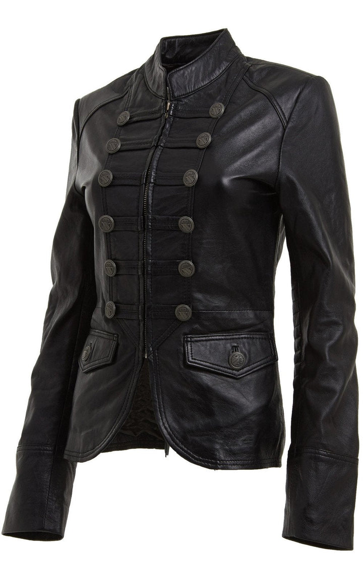 BLACK MILITARY STYLE LEATHER BLAZER JACKET For Women in USA