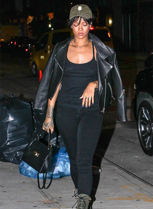 Rihanna's edgy fashion choice in a leather jacket in France market