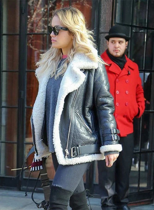 Edgy fashion statement by Rita Ora in a leather jacket in USA market