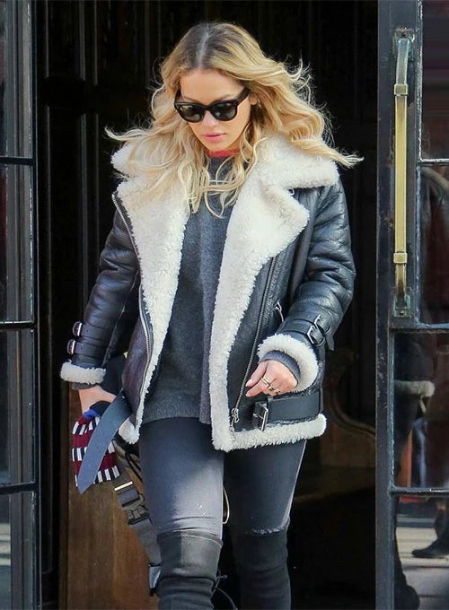 Rita Ora rocks a stylish leather jacket in American style