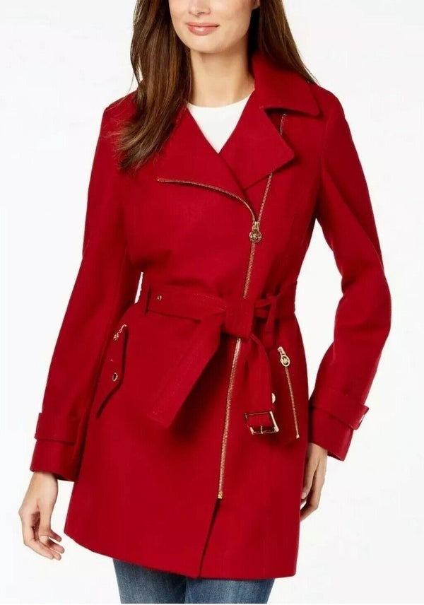Luxury Red Belted Wool Coat for Women