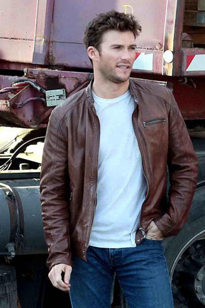 Chic leather jacket inspired by Scott Eastwood's Overdrive look in France style