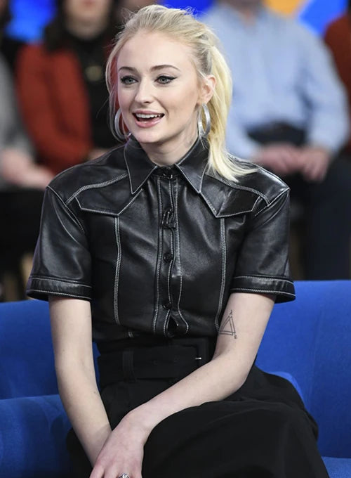 Sleek and sophisticated leather shirt worn by Sophie Turner in UK style