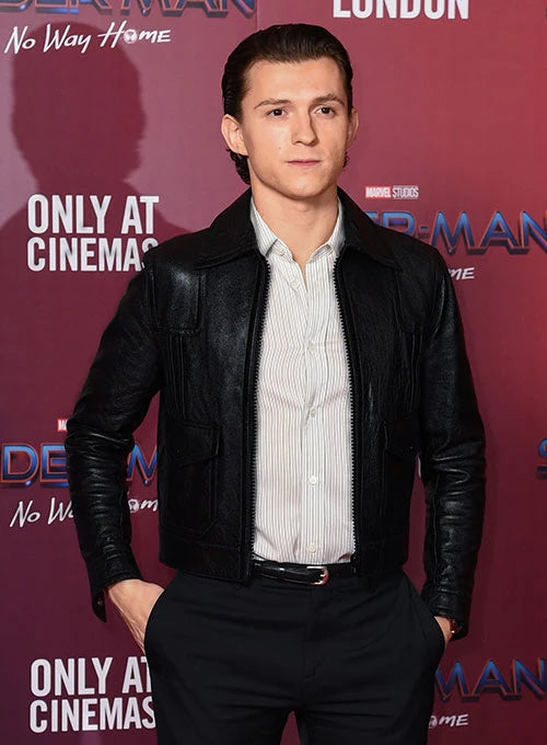 Leather jacket worn by Tom Holland adds a stylish touch to his outfit in UK style