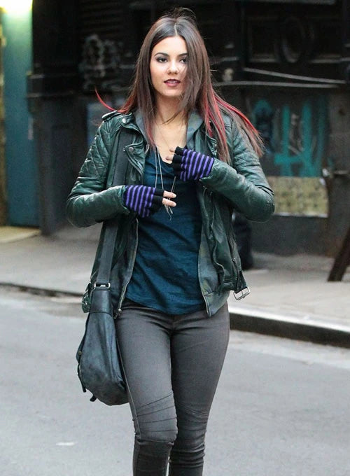 Victoria Justice looking stunning in a black leather jacket in USA market