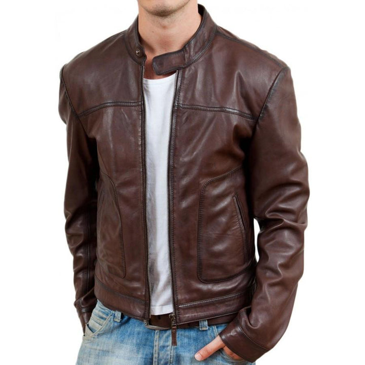 Brown camel causal bomber leather jacket