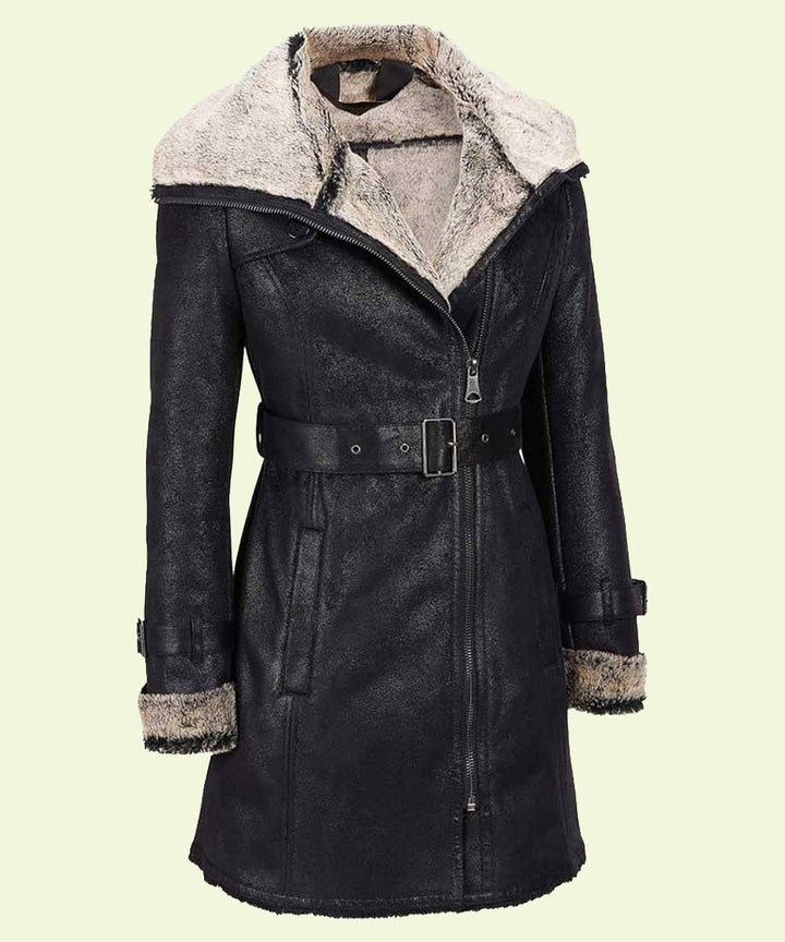 Black Leather Shearling Mid-Length Coat 
